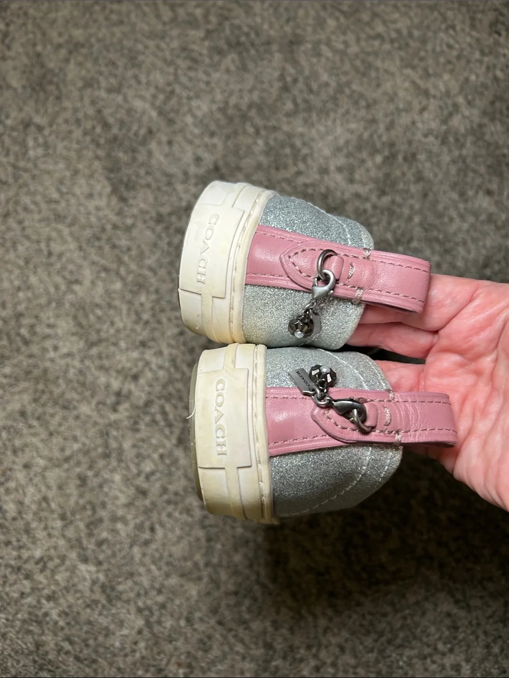 Coach C115 sneakers with a silver glitter‎ finish and Route 41 patches. Size 8